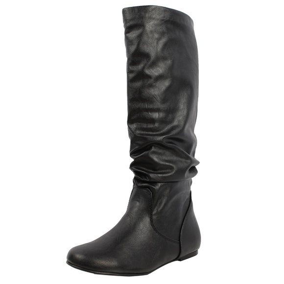 Shoes - Black Faux Leather Slouchy Flat Knee High Boot